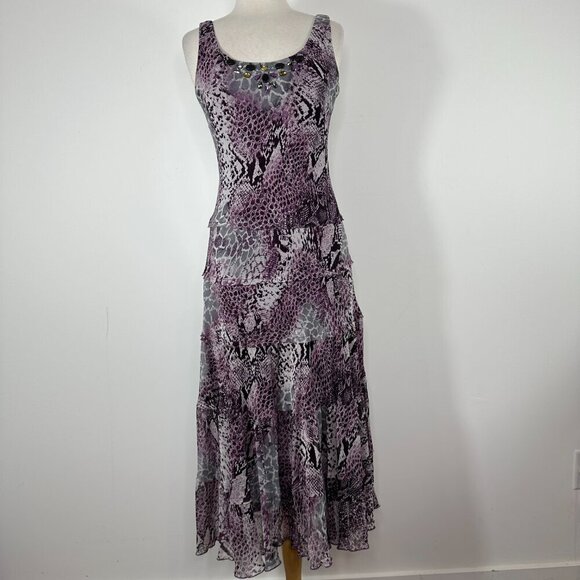 VTG Jessica Howard Purple Midi Dress Sz 10 Animal Print V Neck Sleeveless Fairy - Picture 2 of 14